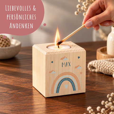 Teelichthalter aus Holz mit UV Druck - Regenbogen Design - Personalisiert mit Namen