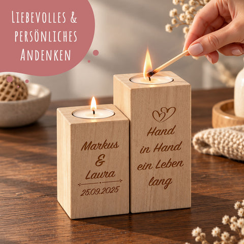 Graviertes Teelichthalter Set aus Holz im "Hand in Hand" Design