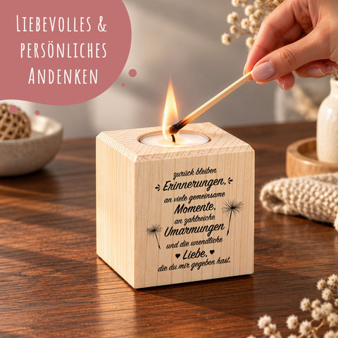 Trauerlicht - Teelichthalter mit Gravur aus Holz - Grabschmuck