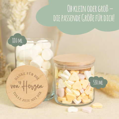 Graviertes Vorratsglas mit Holzdeckel - Danke von Herzen V2