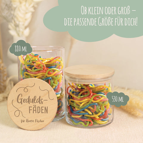 Graviertes Vorratsglas mit Holzdeckel - Geduldsfäden