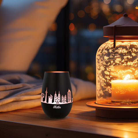 Deko Windlicht aus Glas mit Gravur - Skyline Köln