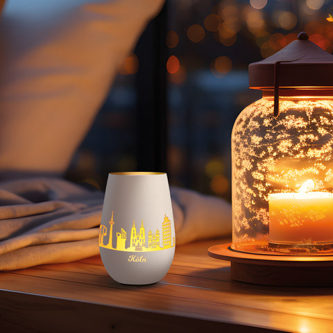 Deko Windlicht aus Glas mit Gravur - Skyline Köln