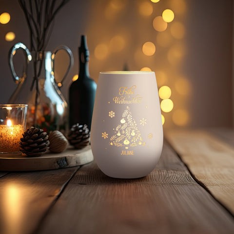 Deko Windlicht aus Glas mit Gravur - Frohe Weihnachten - Personalisiert mit Namen