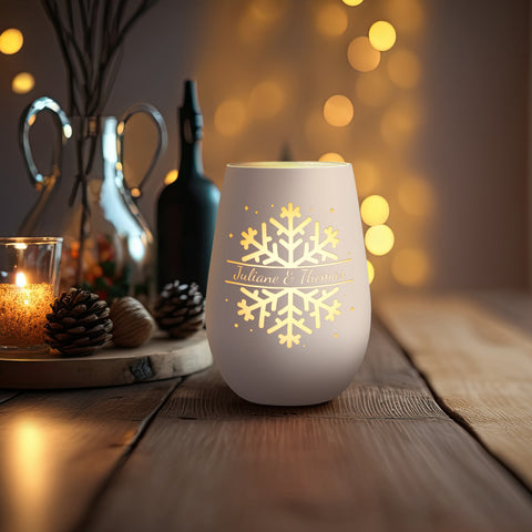 Deko Windlicht aus Glas mit Gravur - Schneeflocke - Personalisiert mit Namen - Geschenk zu Weihnacht