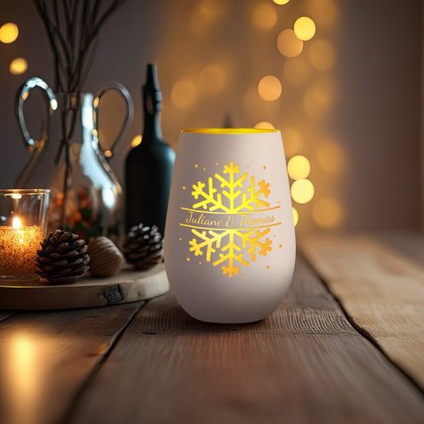 Deko Windlicht aus Glas mit Gravur - Schneeflocke - Personalisiert mit Namen - Geschenk zu Weihnacht