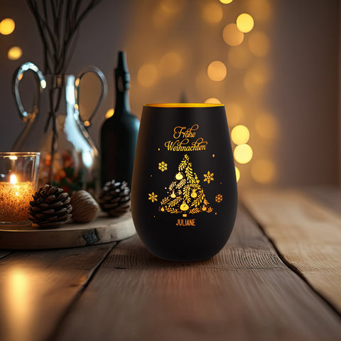 Deko Windlicht aus Glas mit Gravur - Frohe Weihnachten - Personalisiert mit Namen