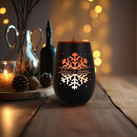 Deko Windlicht aus Glas mit Gravur - Schneeflocke - Personalisiert mit Namen - Geschenk zu Weihnacht