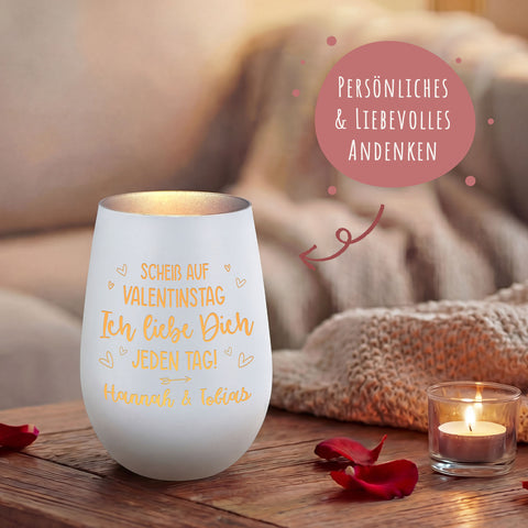 Deko Windlicht aus Glas mit Gravur - Scheiß auf Valentinstag