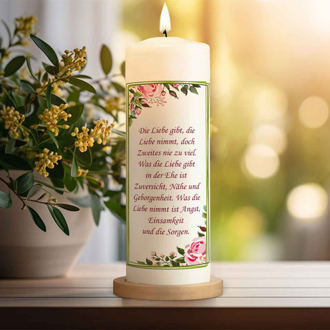 Große Kerze "Green Flower" - Hochzeitskerze mit Namen, Datum & Wunschtext