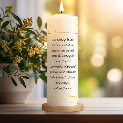 Große Kerze "Gesehen gemocht gehofft" Hochzeitskerze mit Namen, Datum und Wunschtext