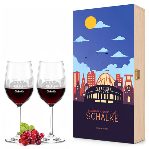 Stölzle Lausitz Weingläser mit Skyline Schalke Gravur als Set inkl. bedruckter Holzkiste