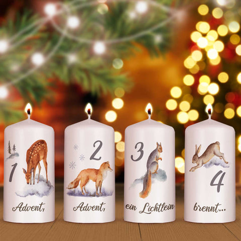 Kleine Kerzen - Advent Wintertiere Aquarell - Adventskerzen im 4er Set