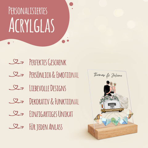 Hochzeitsauto auf Acrylglas - Personalisiertes Geldgeschenk zur Hochzeit