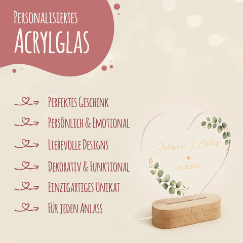 GRAVURZEILE Beleuchtetes Acrylglas - Eukalyptuskreis & Herzmotiv - Personalisiert mit Namen & Datum - Geschenk zur Hochzeit, Jahrestag & Valentinstag - 17 cm, 14,5 cm