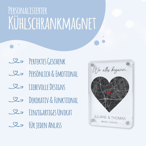 Personalisierter Magnet "Wo alles begann" aus Acrylglas - Acryl Kühlschrankmagnet mit Karte & Namen