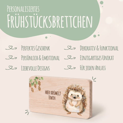 Bedrucktes Frühstücksbrettchen "Hier Krümelt" mit Tiermotiv & Namen