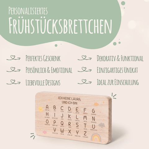 Frühstücksbrettchen mit Druckmotiv & Name - ABC Regenbogen