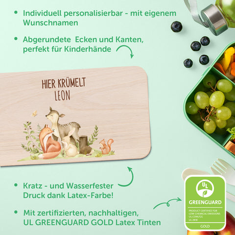 Bedrucktes Frühstücksbrettchen "Waldtiere" mit Namen