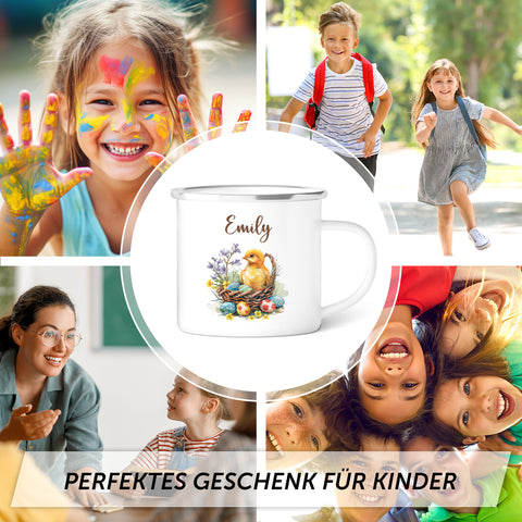Emaille Tasse für Kinder - Frohe Ostern - Versch. Motive - Personalisiert mit Namen
