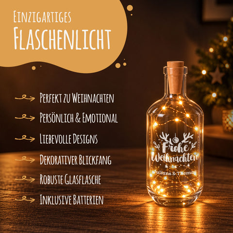 Flaschenlicht mit LED-Lichterkette im Frohe Weihnachten Design - Personalisiert mit 2 Namen