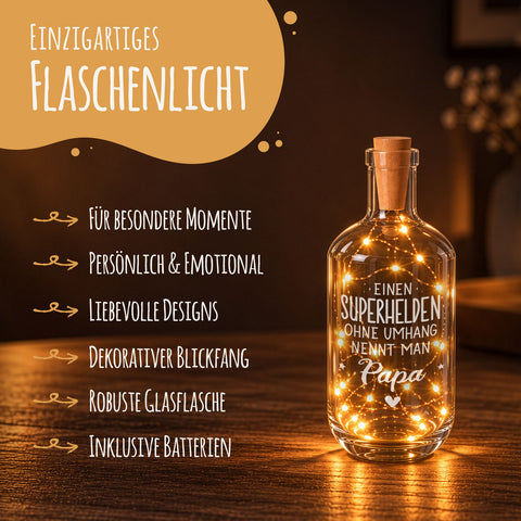 Flaschenlicht mit LED-Lichterkette und Gravur "Superheld Papa"