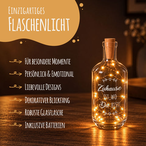 Flaschenlicht mit LED-Lichterkette und Gravur "Zuhause ist wo du bist"