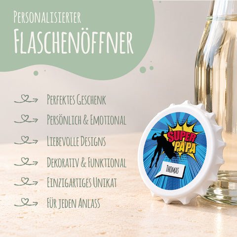 Flaschenöffner mit UV Druck - Superhelden Design - Personalisiert mit Namen