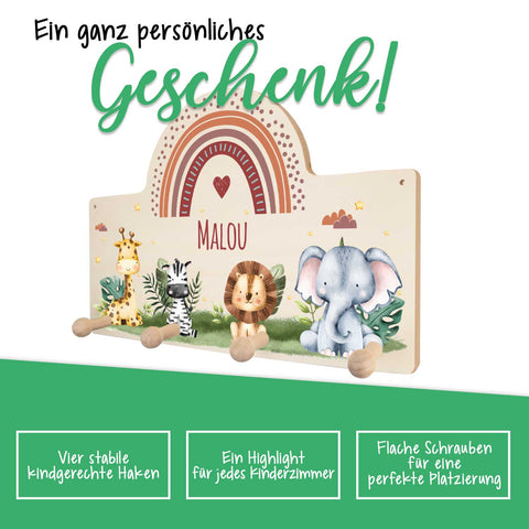 Personalisierte Garderobe fürs Kinderzimmer - mit Regenbogen für Mädchen und Jungen