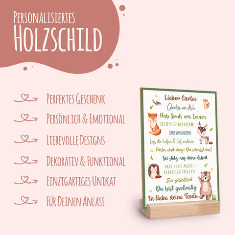 Holzschild zur Einschulung - Tiergruppe Wald - Einschulungsmutmacher