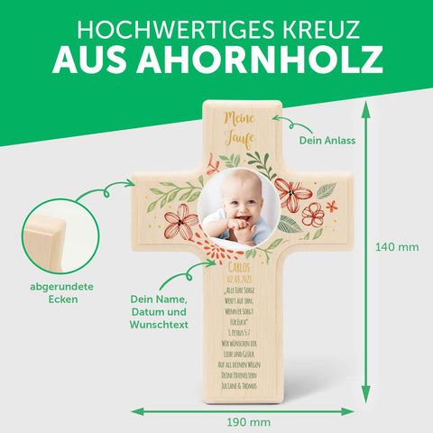 Personalisierbares Holzkreuz zur Taufe Konfirmation oder Kommunion - Mit eigenem Foto - Blumenkranz