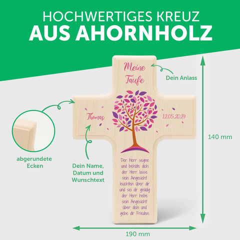 Personalisierbares Holzkreuz zur Taufe Konfirmation und Kommunion - Lebensbaum Design