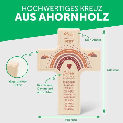 Personalisierbares Holzkreuz zur Taufe Konfirmation oder Kommunion - Regenbogen Design