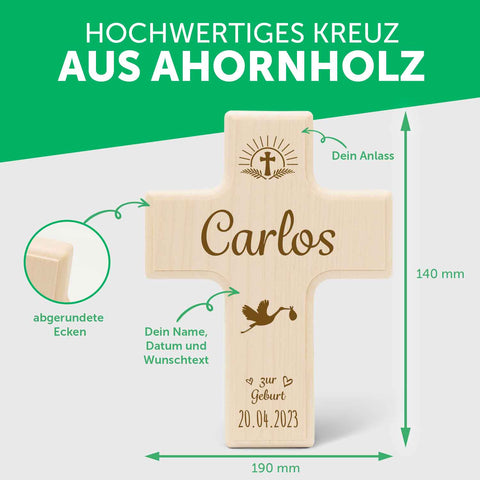Holzkreuz mit Gravur - Für Kinder zu versch. Anlässen - Personalisierbar mit Namen & Datum