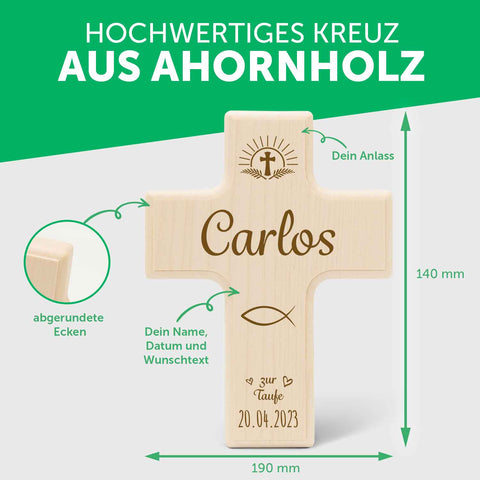 Holzkreuz mit Gravur - Für Kinder zu versch. Anlässen - Personalisierbar mit Namen & Datum