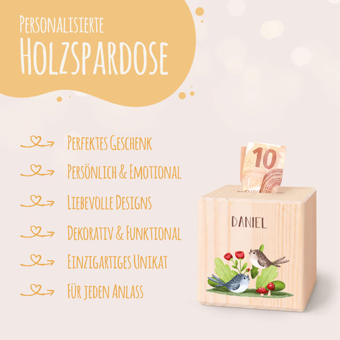 Spardose aus Holz - Waldtiere