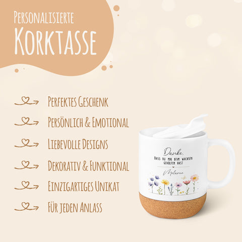 Bedruckte Tasse mit Korksockel & Deckel - Beim Wachsen geholfen