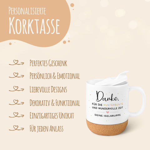 Bedruckte Tasse mit Korksockel & Deckel - Kunterbunte Zeit