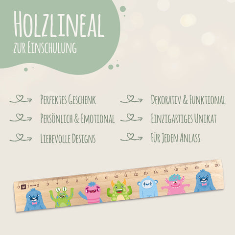 Lineal zur Einschulung im Monster Design für Kinder aus Holz