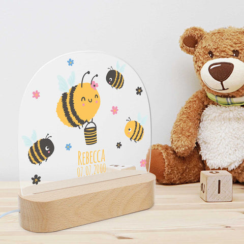 Kinder LED Nachtlicht mit Sockel aus Holz im Biene Design