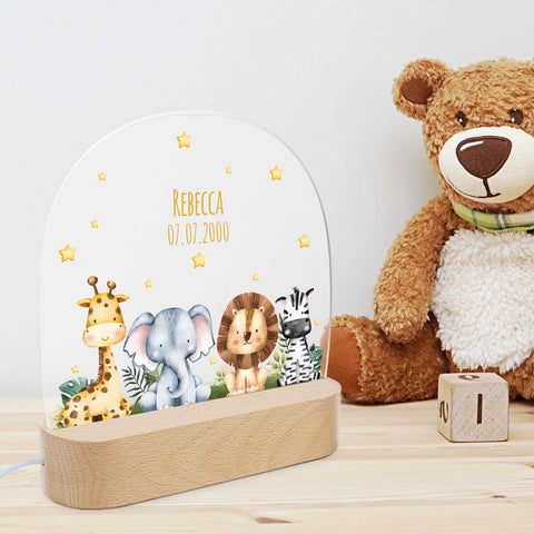 Kinder LED Nachtlicht mit Sockel aus Holz im Tiergruppe Design