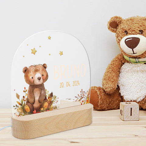 Kinder LED Nachtlicht mit Sockel aus Holz - "Waldtiere"