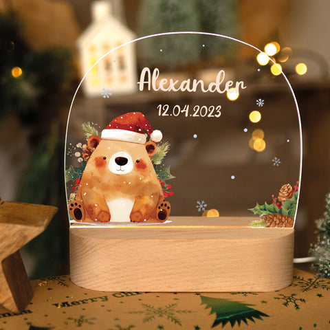 Kinder LED Nachtlicht mit Sockel aus Holz - "Weihnachtstiere"