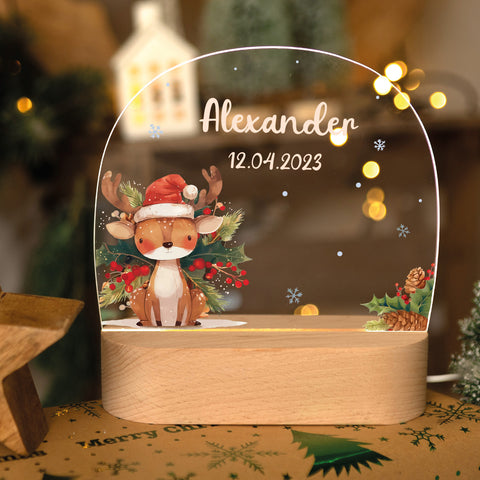 Kinder LED Nachtlicht mit Sockel aus Holz - "Weihnachtstiere"