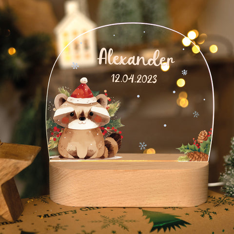 Kinder LED Nachtlicht mit Sockel aus Holz - "Weihnachtstiere"