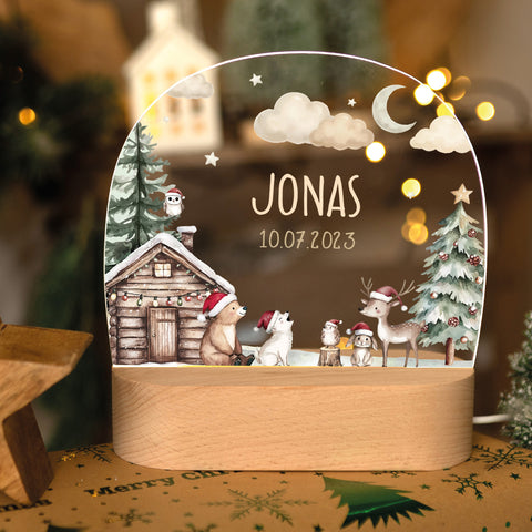 Kinder LED Nachtlicht mit Sockel aus Holz - "Winterhütte"