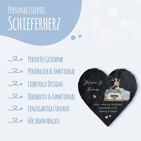 Bedrucktes Schieferherz - Hochzeitsauto - Personalisiertes Geschenk