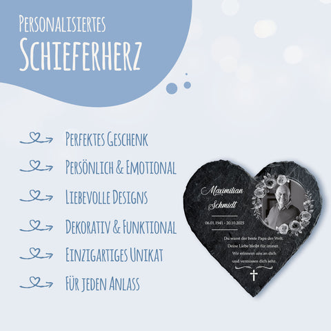 Bedrucktes Schieferherz - In Gedenken V2 - Personalisiertes Geschenk
