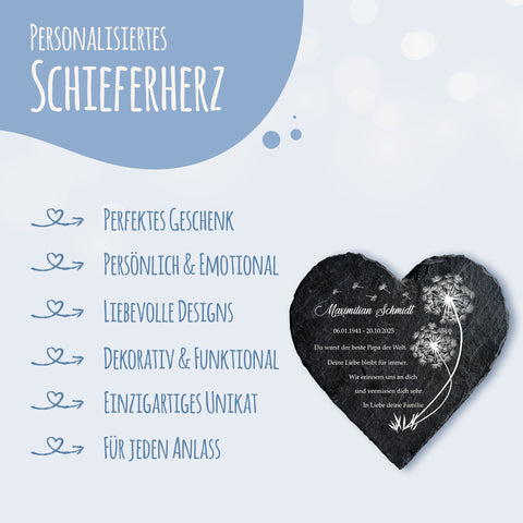 Bedrucktes Schieferherz - Pusteblume - Personalisiertes Geschenk