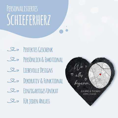 Bedrucktes Schieferherz - Wo alles begann - Personalisiertes Geschenk